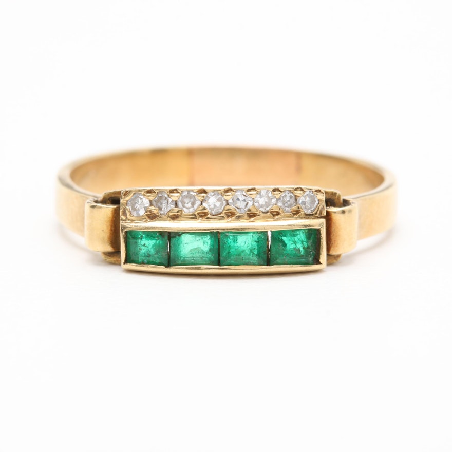 14K Yellow Gold Emerald and Diamond Ring