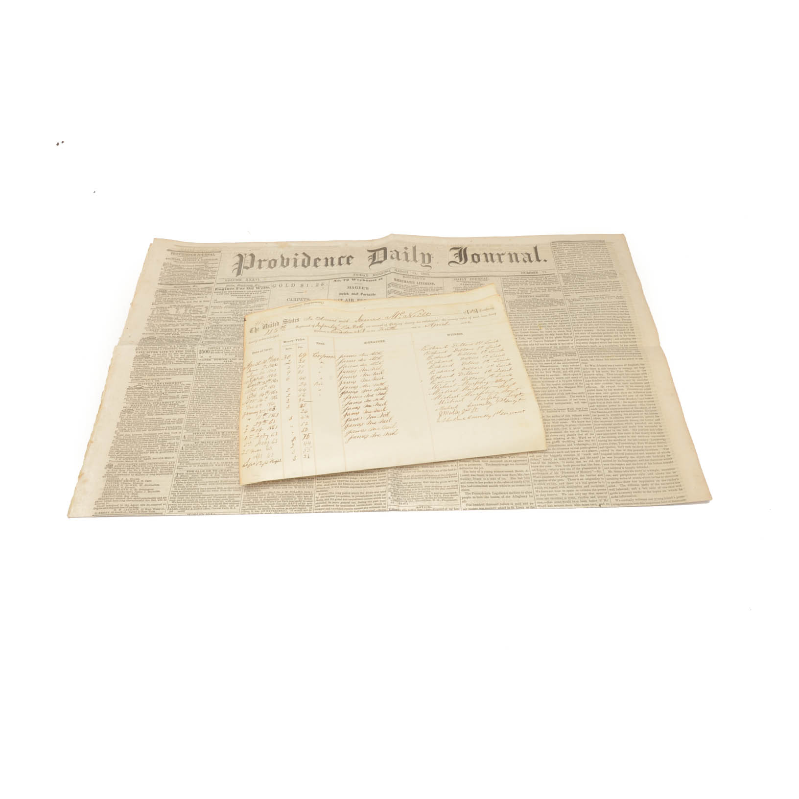 1862 Civil War Enlistment Paper with a Newspaper