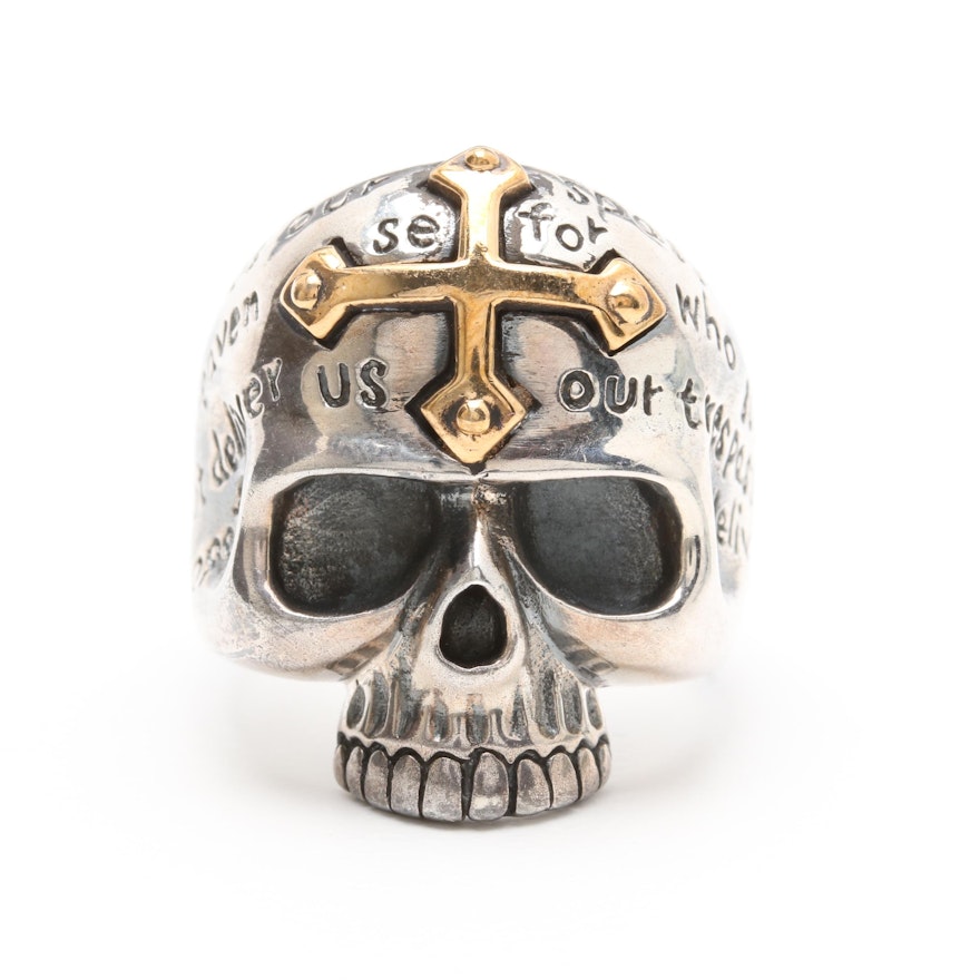 Sterling Silver Skull Ring with Gold Wash Cross Accent