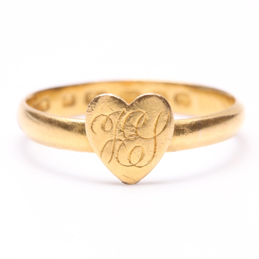 Circa 1878 18K Yellow Gold Monogrammed Heart Ring