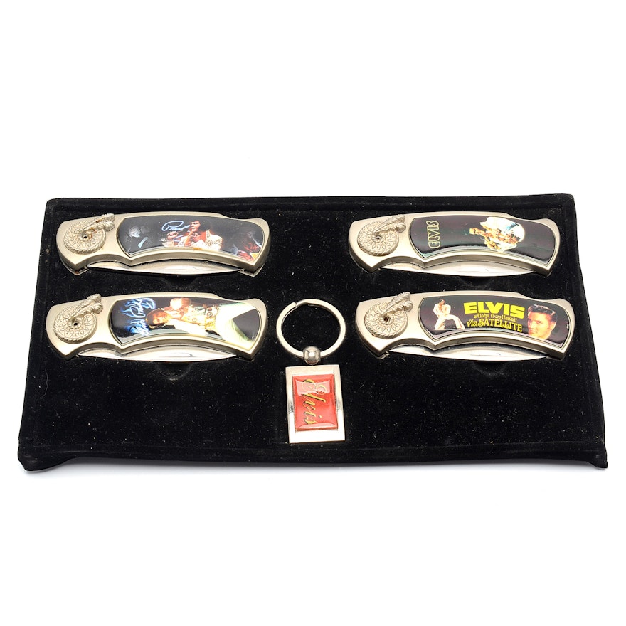 Boxed Set of Four Commemorative Elvis Presley Knifes and Key Ring