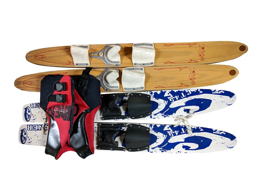 Beginner Trainer Skis, Trainer Kneeboard, Ski Jackets and Wooden Water Skis