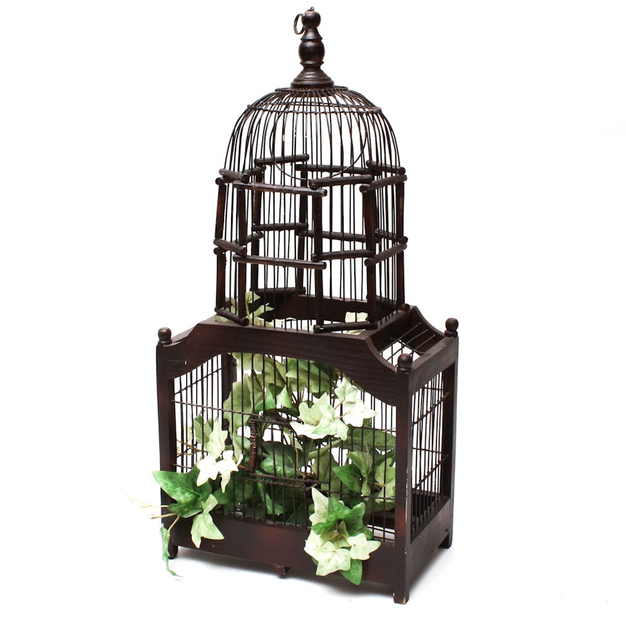 Decorative Victorian Style Wooden Birdcage with Faux Plants