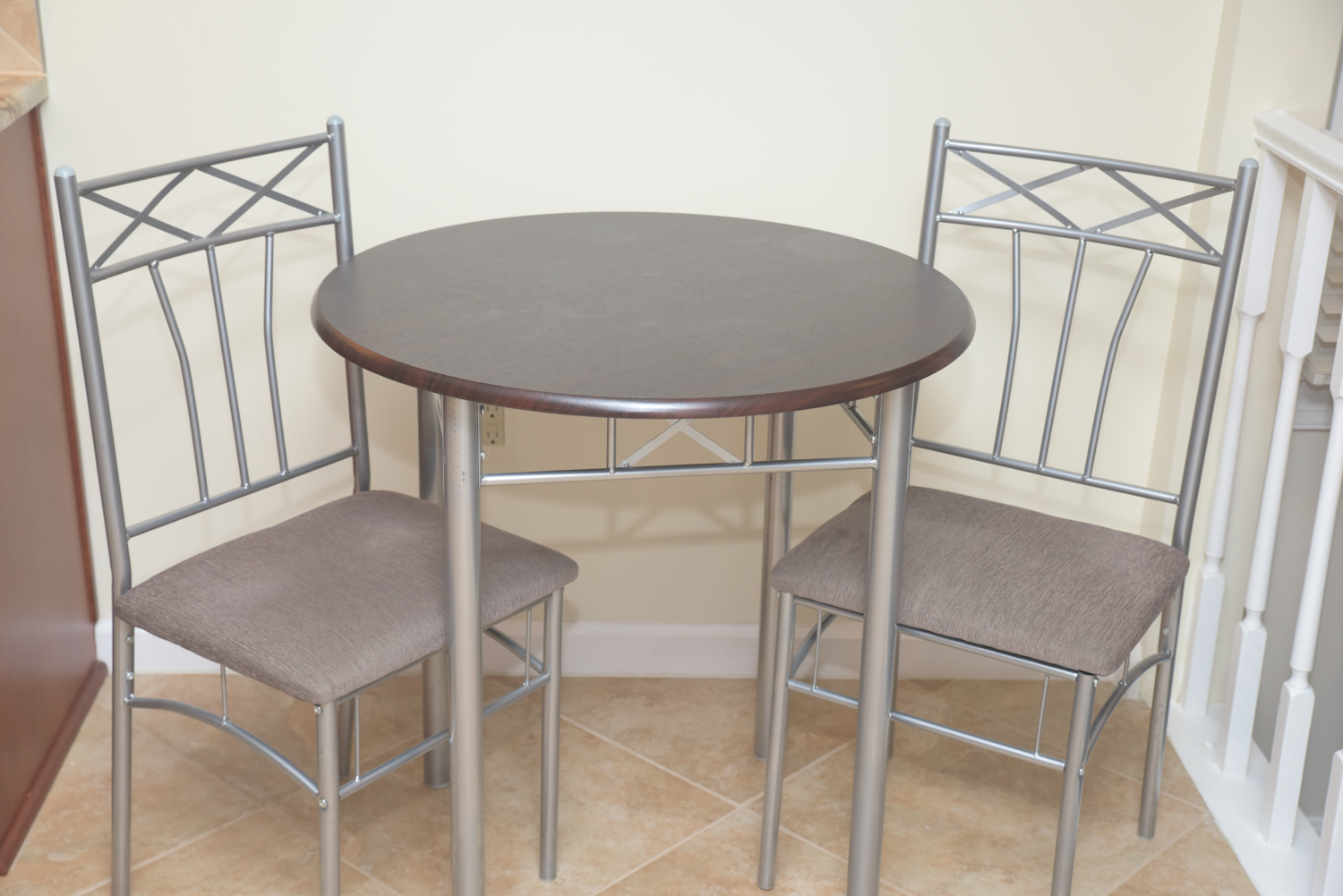Brushed Chrome Finished Metal and Wood Dinette Set with Two Side Chairs