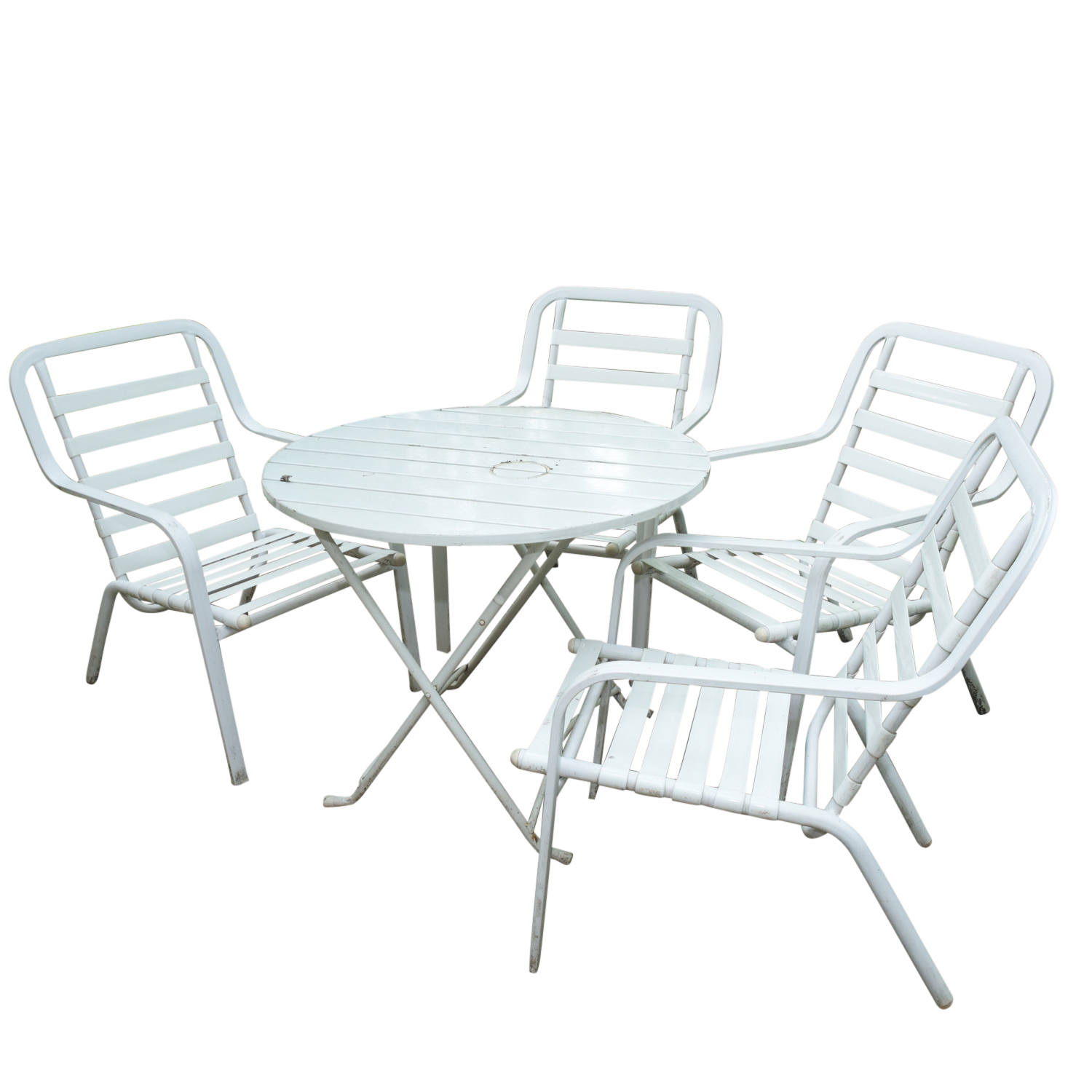 Five-Piece White Metal Patio Set with Seat Cushions