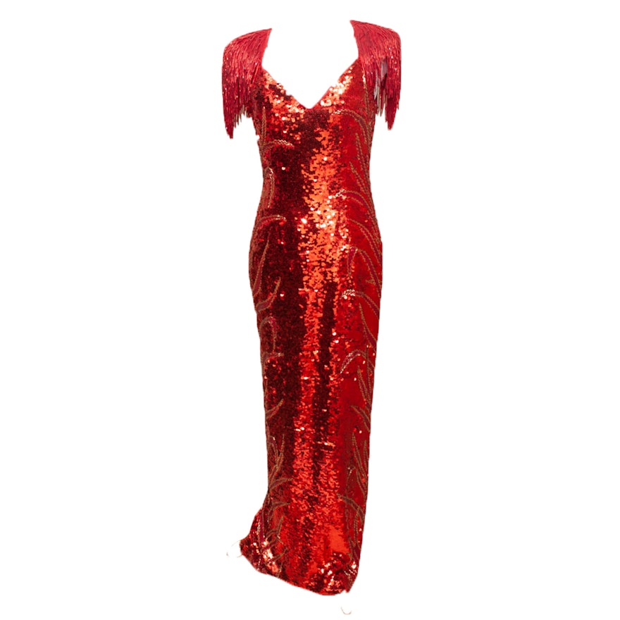 Landa Beaded and Sequined Red Silk Evening Gown