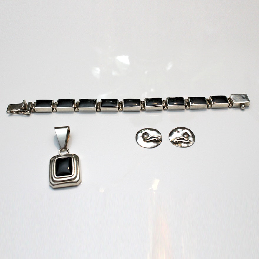 Sterling Silver Earring Jackets, Silpada Black Onyx Bracelet and Pendant