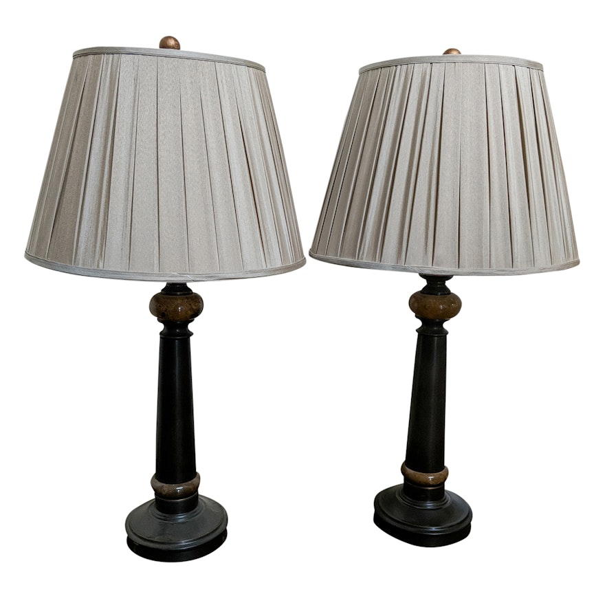 Bronze Tone and Marble Column Table Lamps with Pleated Fabric Shades