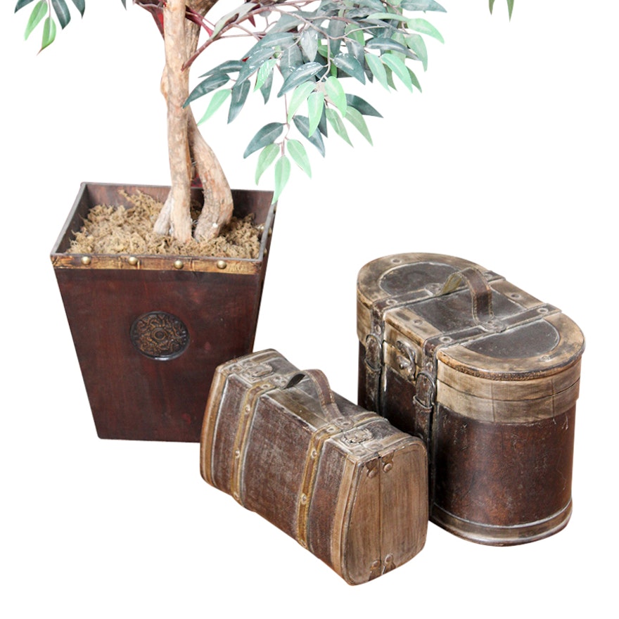 Artificial Fica Plant and Leather and Wood Vintage Style Storage Boxes
