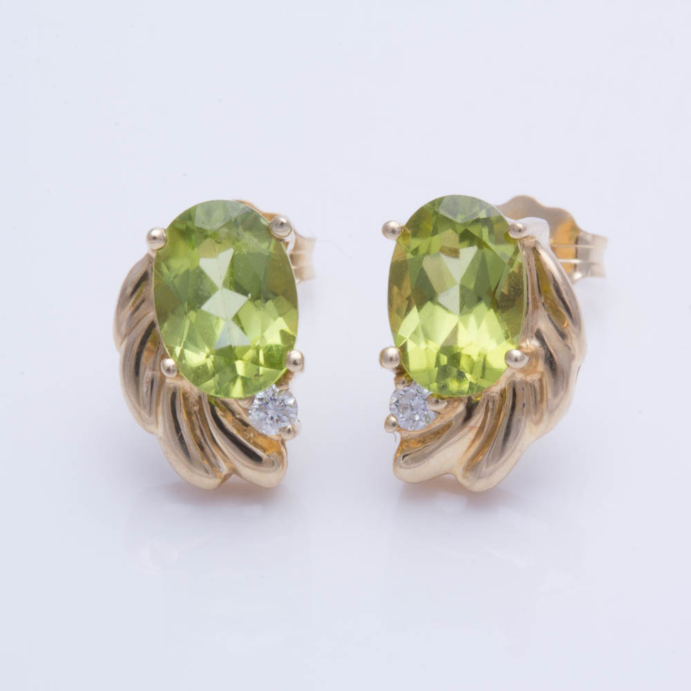 14K Yellow Gold Peridot and Diamond Earrings