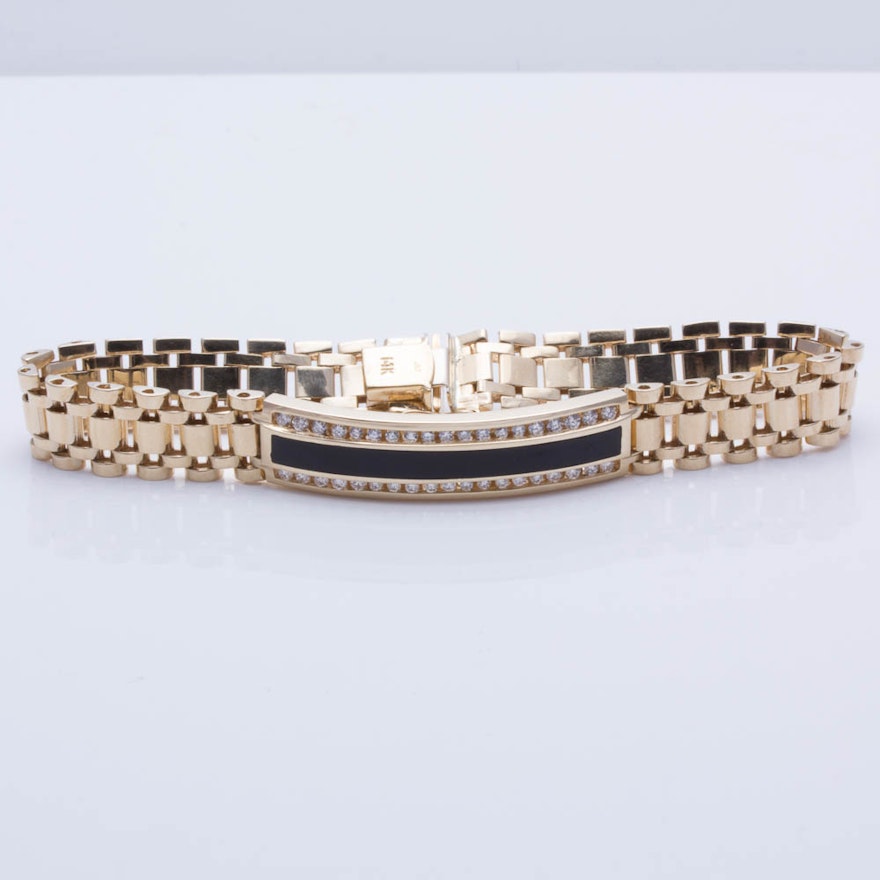 Diamond and Black Onyx Bracelet in 14K Yellow Gold