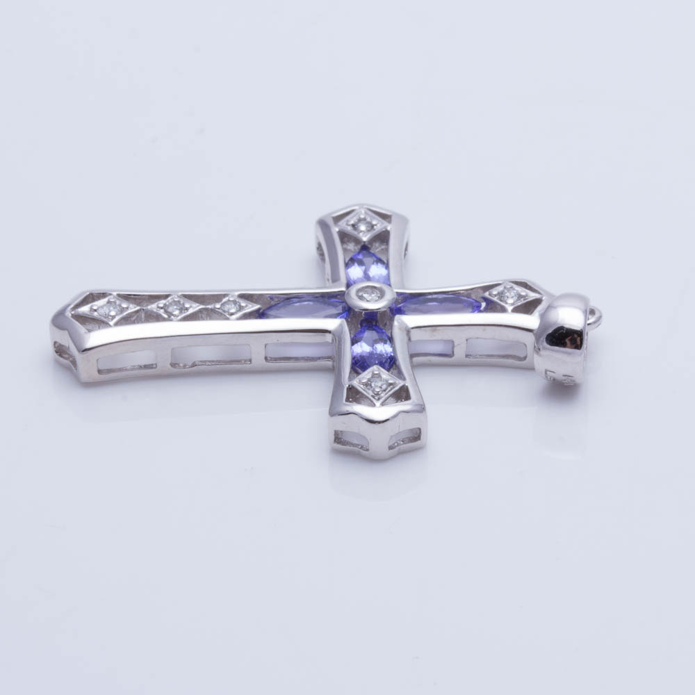 LeVian 14K White Gold Tanzanite and Diamond Cross Pendant