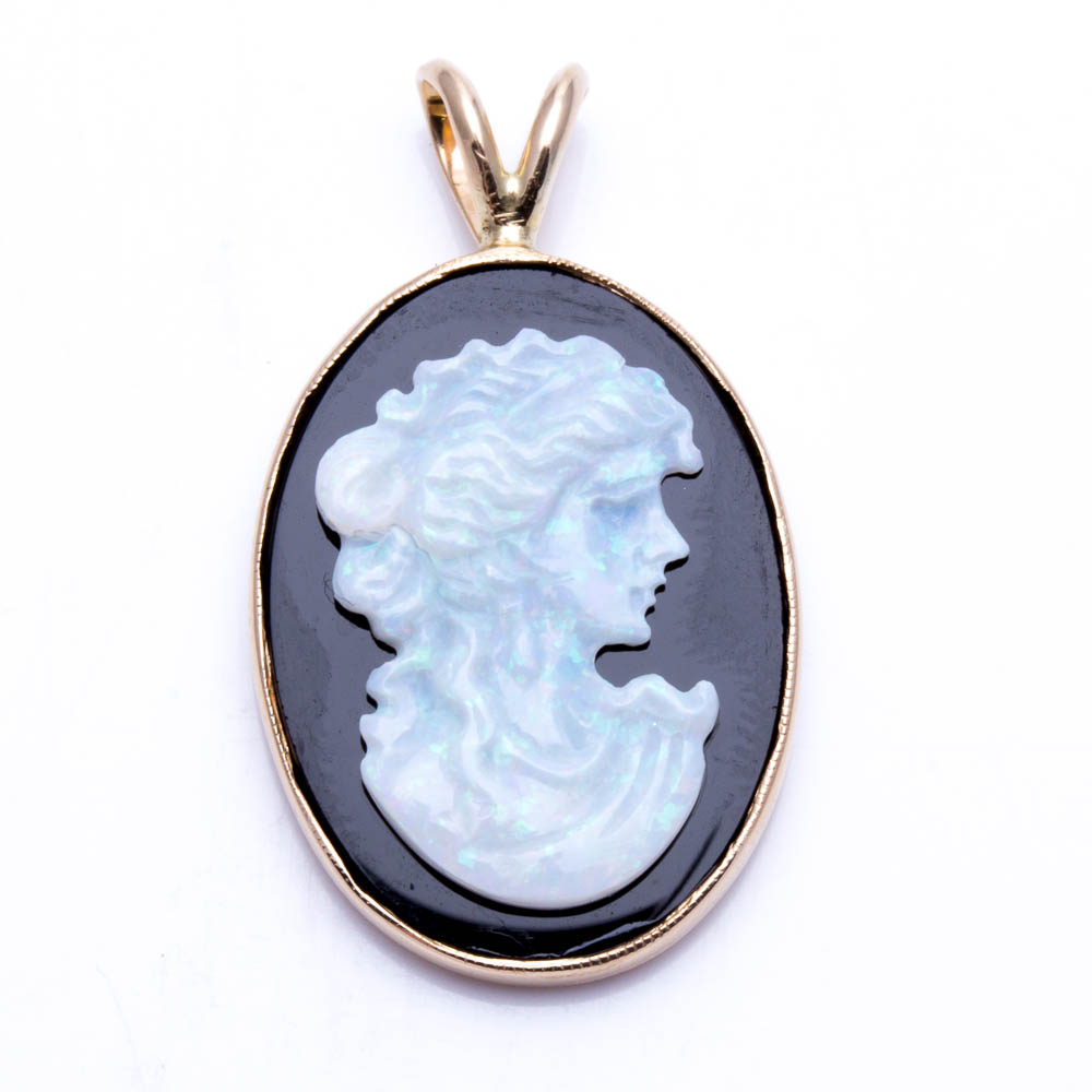 14K Yellow Gold Opal and Black Onyx Cameo Pendant