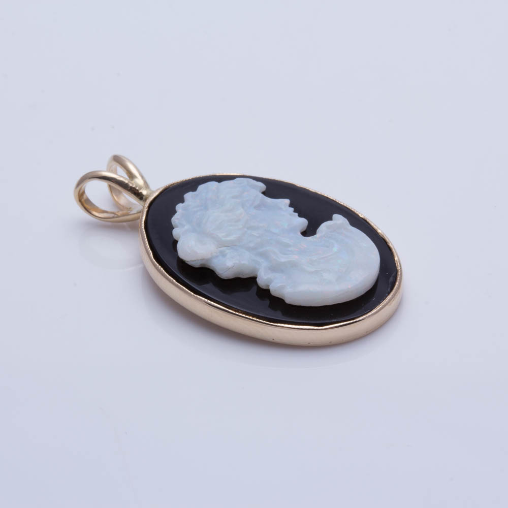 14K Yellow Gold Opal and Black Onyx Cameo Pendant