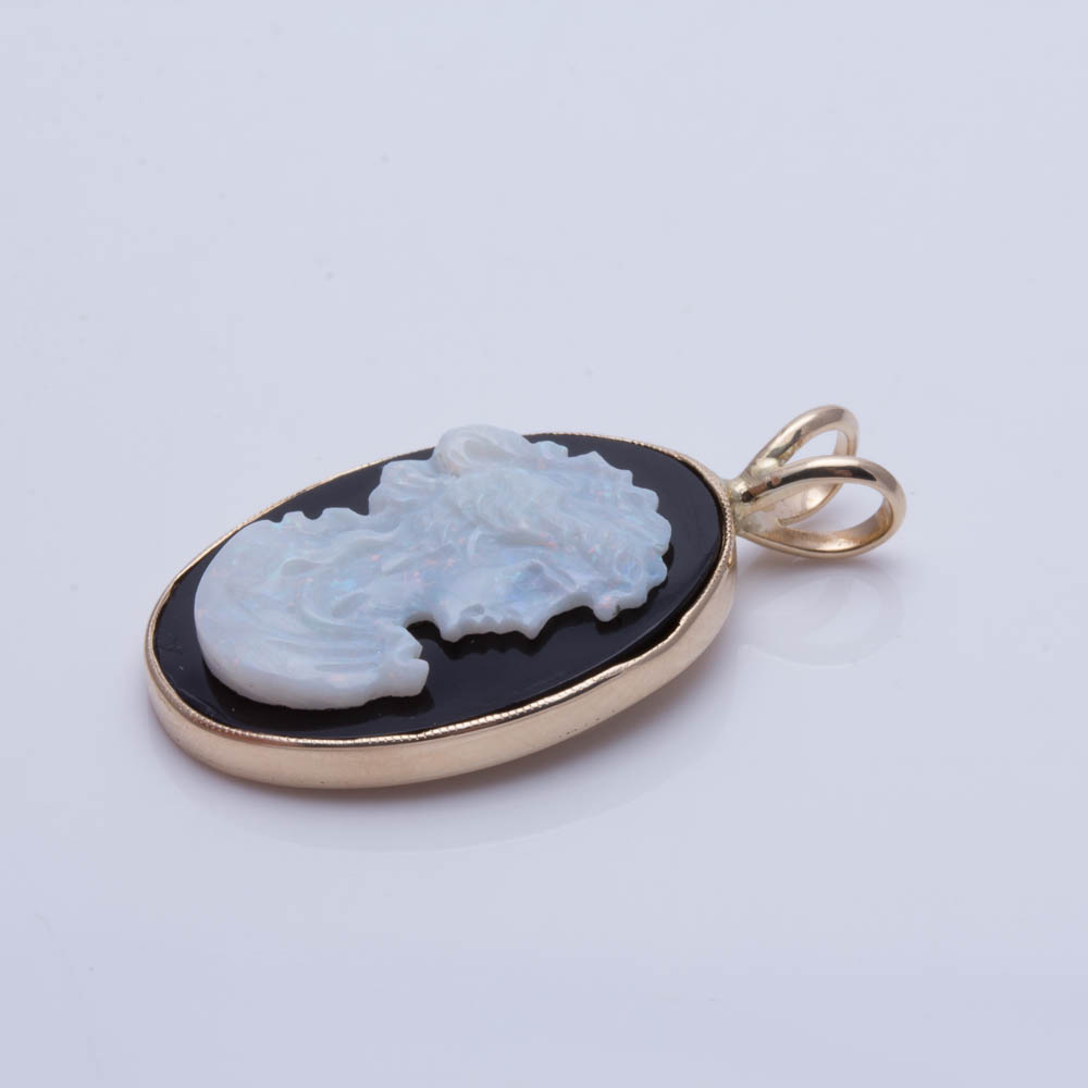 14K Yellow Gold Opal and Black Onyx Cameo Pendant