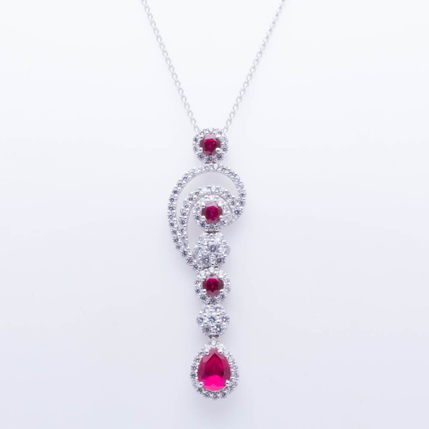 18K White Gold Imitation Ruby and Diamond Pendant Necklace