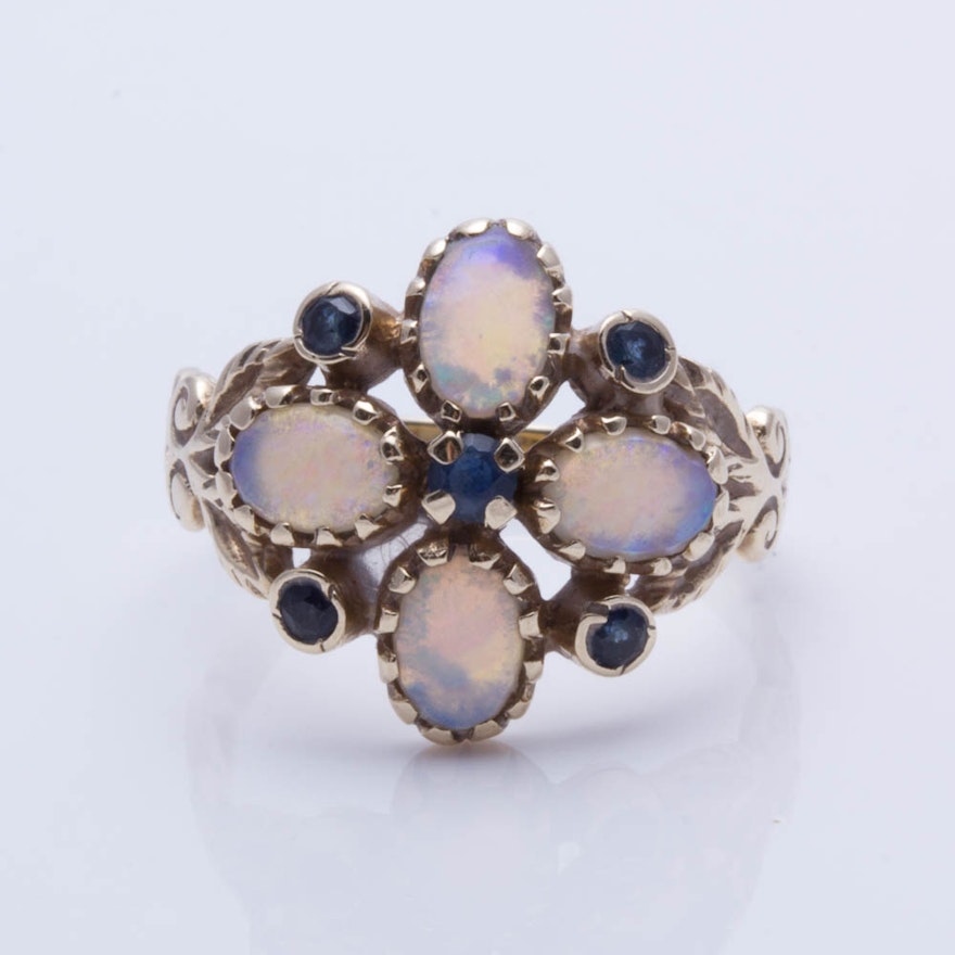 9K Yellow Gold Opal and Sapphire Ring