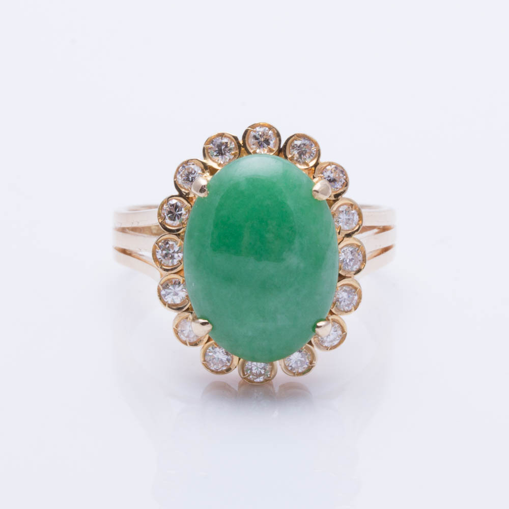 14K Yellow Gold Jadeite and Diamond Ring