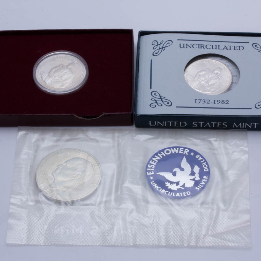 Silver Eisenhower Dollar and Two Commemorative Silver Half Dollars