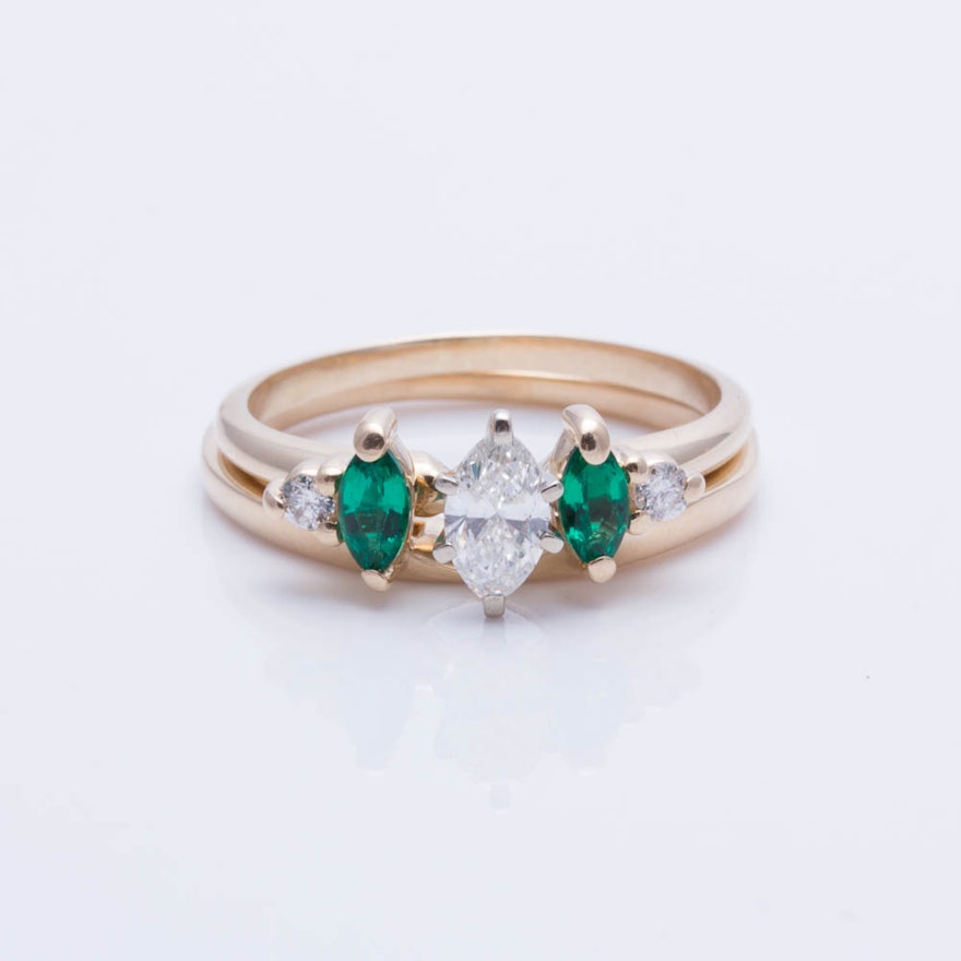 14K Yellow Gold Diamond and Imitation Emerald Ring