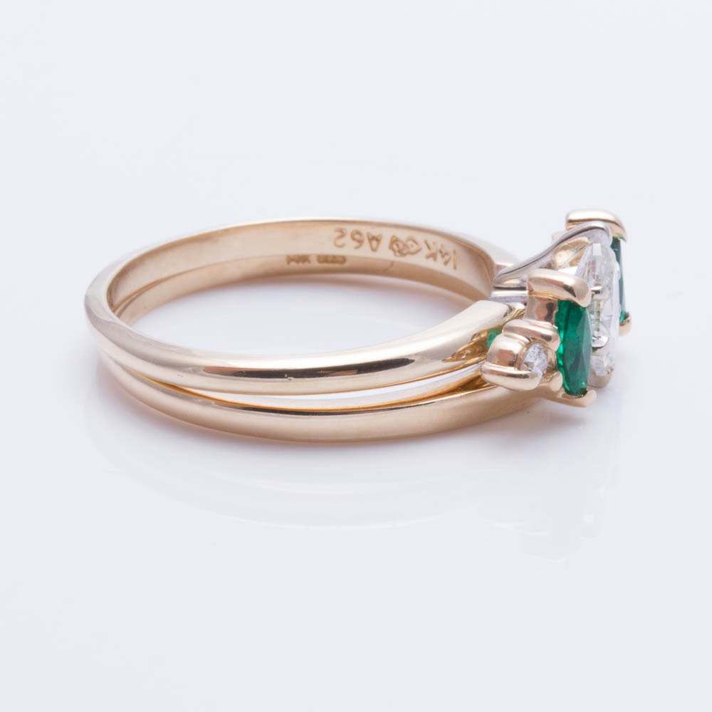 14K Yellow Gold Diamond and Imitation Emerald Ring