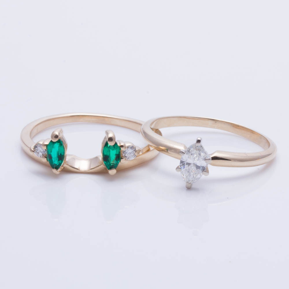 14K Yellow Gold Diamond and Imitation Emerald Ring