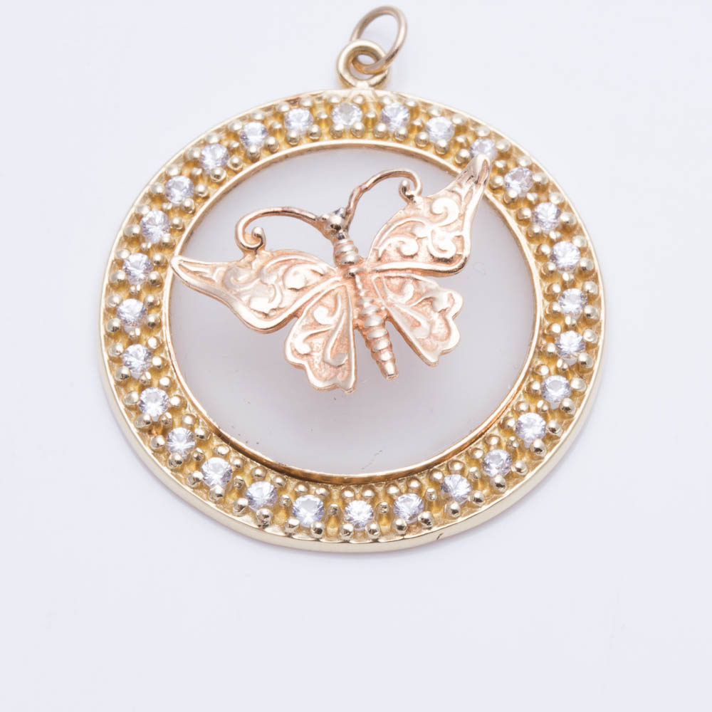 14K Yellow Gold Rock Crystal Quartz and Topaz Pendant