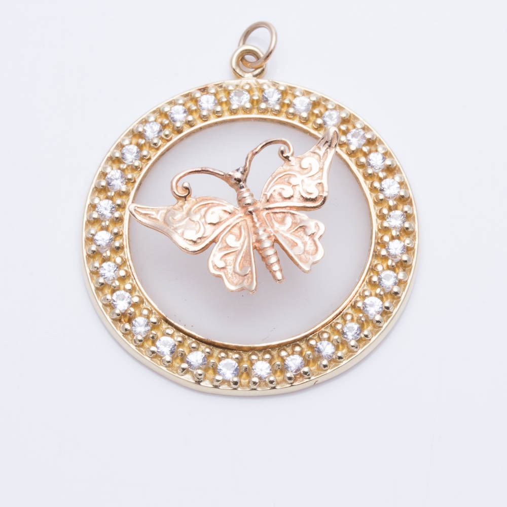 14K Yellow Gold Rock Crystal Quartz and Topaz Pendant