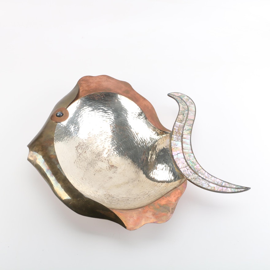 Los Castillo Mexican Copper, Silver Plate, and Abalone Fish-Shaped Bowl