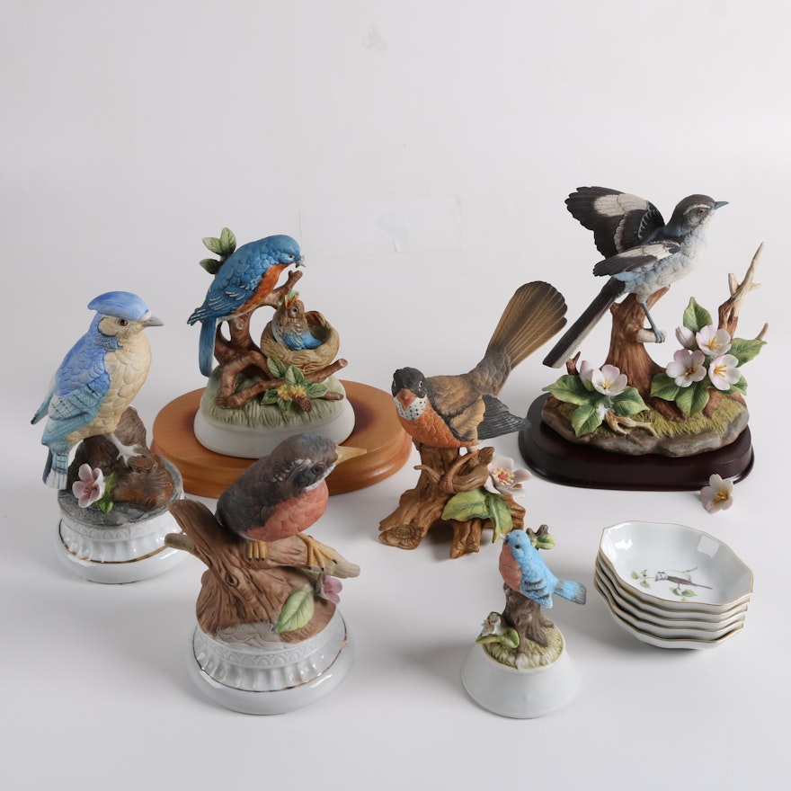 Bird Themed Ceramic Figurines and Trays Including Sadek, Gorham and Kaiser