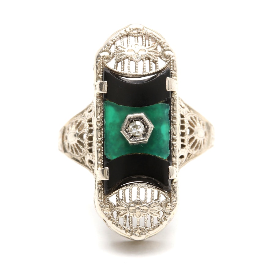 14K White Gold Diamond, Chalcedony, and Black Onyx Ring