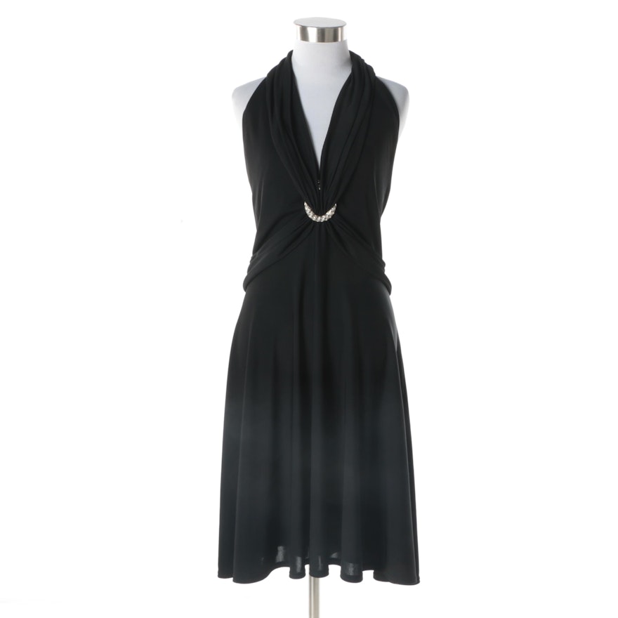 Tadashi Black Halter Style Sleeveless Cocktail Dress with Rhinestone Detail