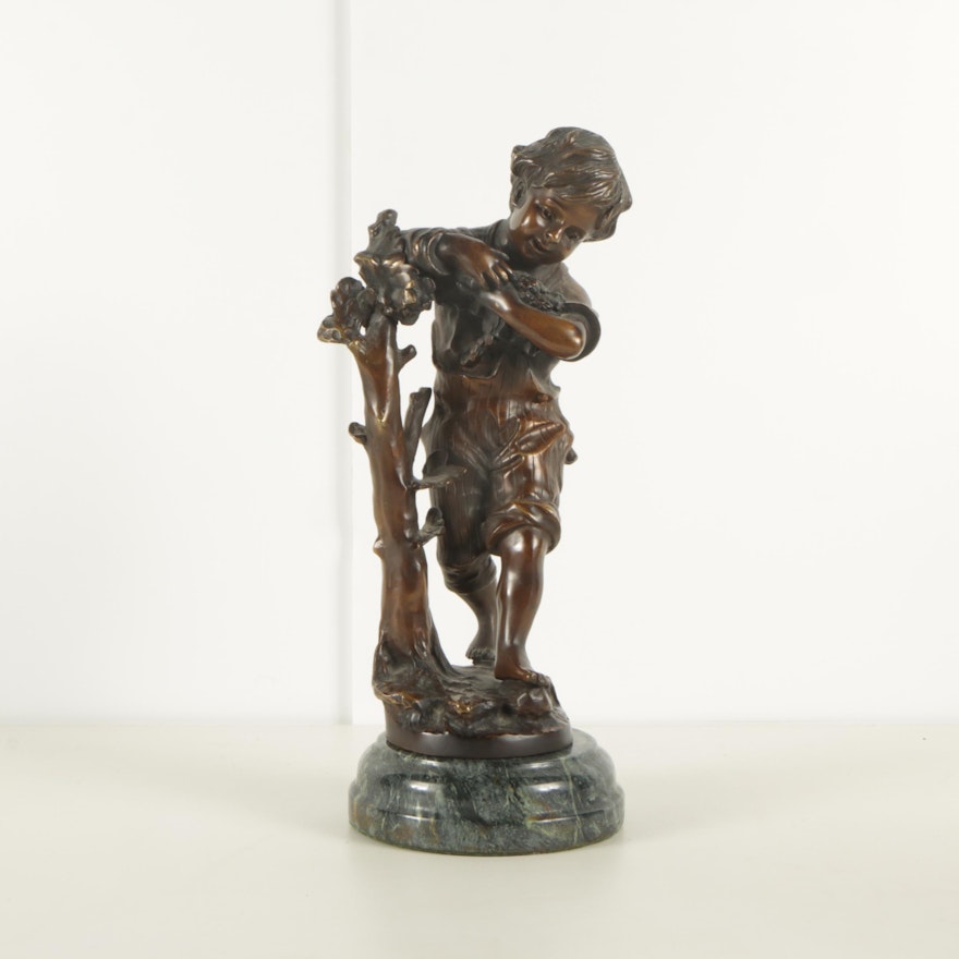 Bronze Sculpture of Boy Collecting Flowers on Marble Base