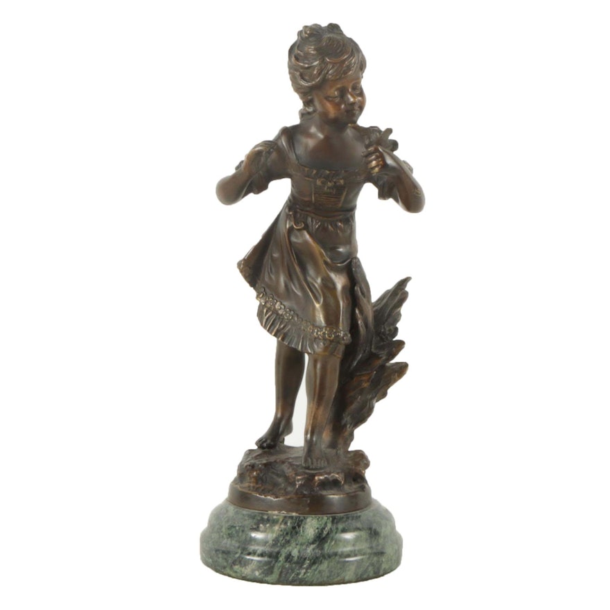 Bronze Sculpture of Girl with Flower on Marble Base