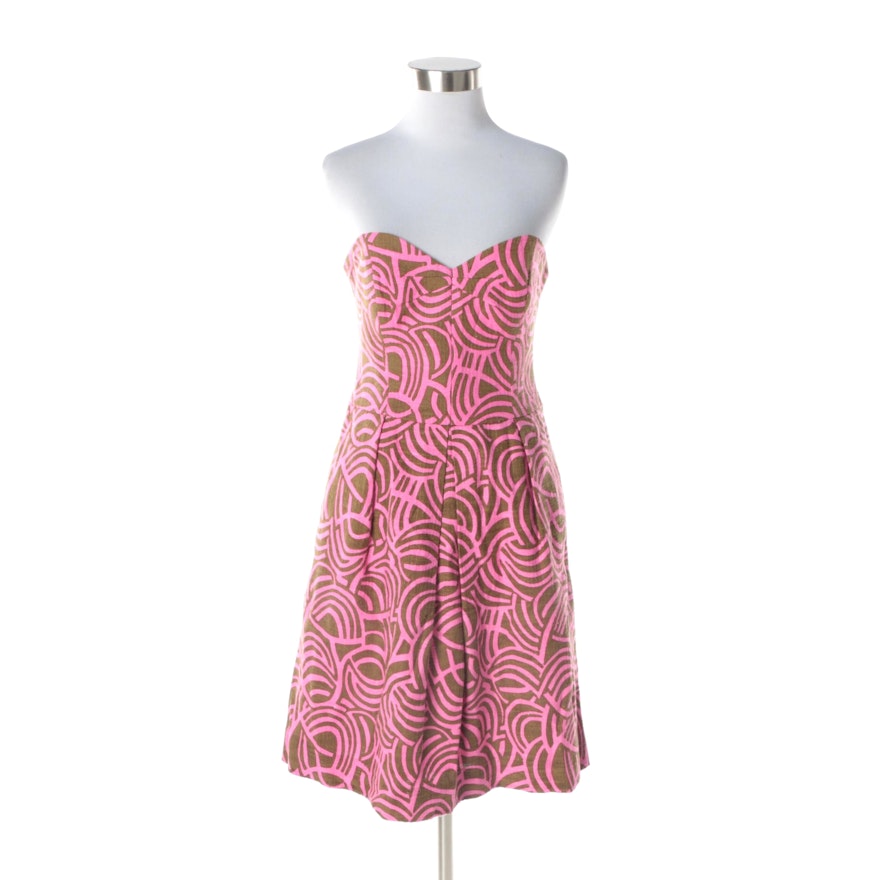 Milly of New York Pink and Brown Abstract Print Strapless Dress