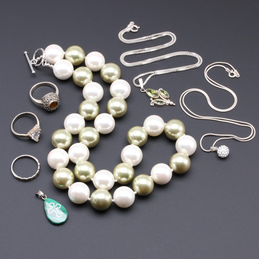 Sterling Silver Necklace and Ring Selection Including Malachite and Peridot