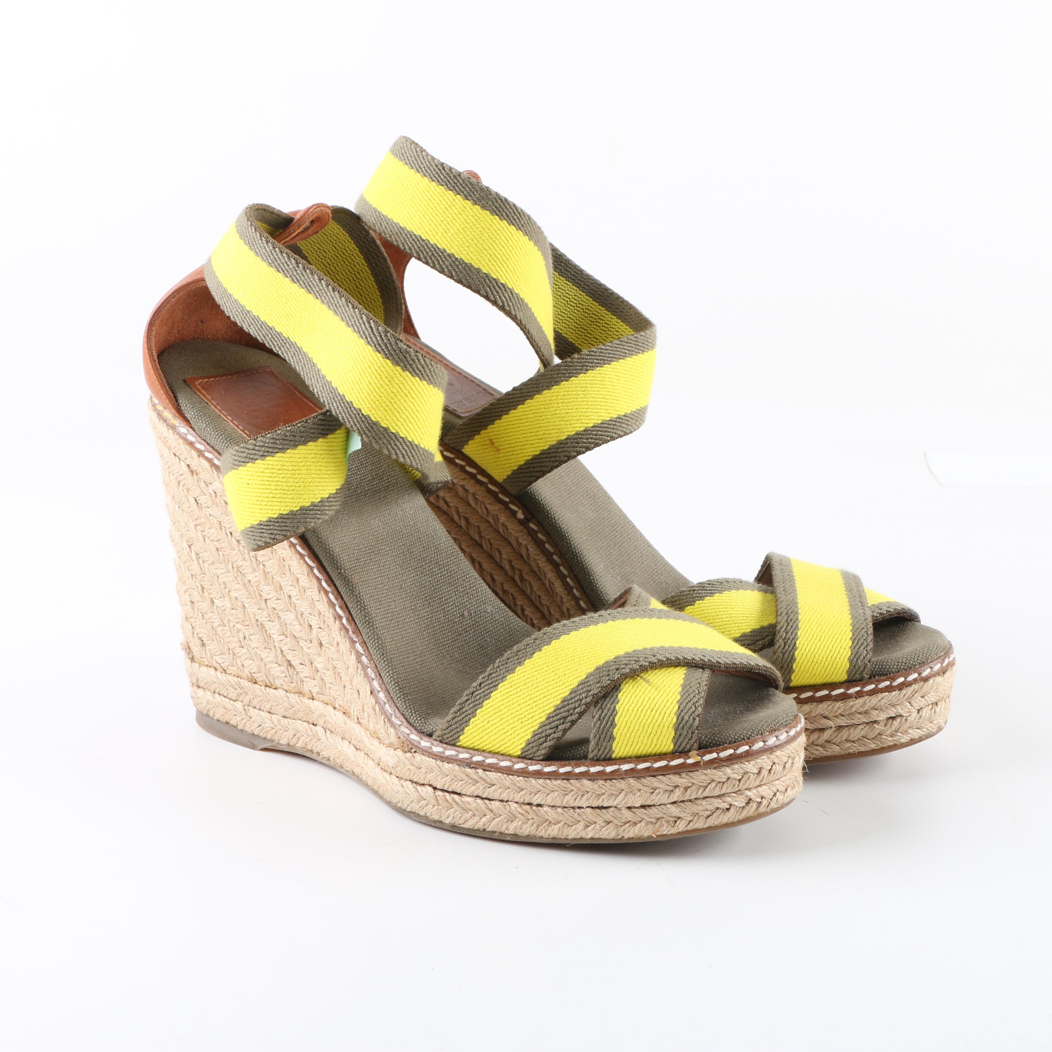 Tory Burch Adonis Khaki and Yellow Canvas Strap Platform Wedge Espadrilles