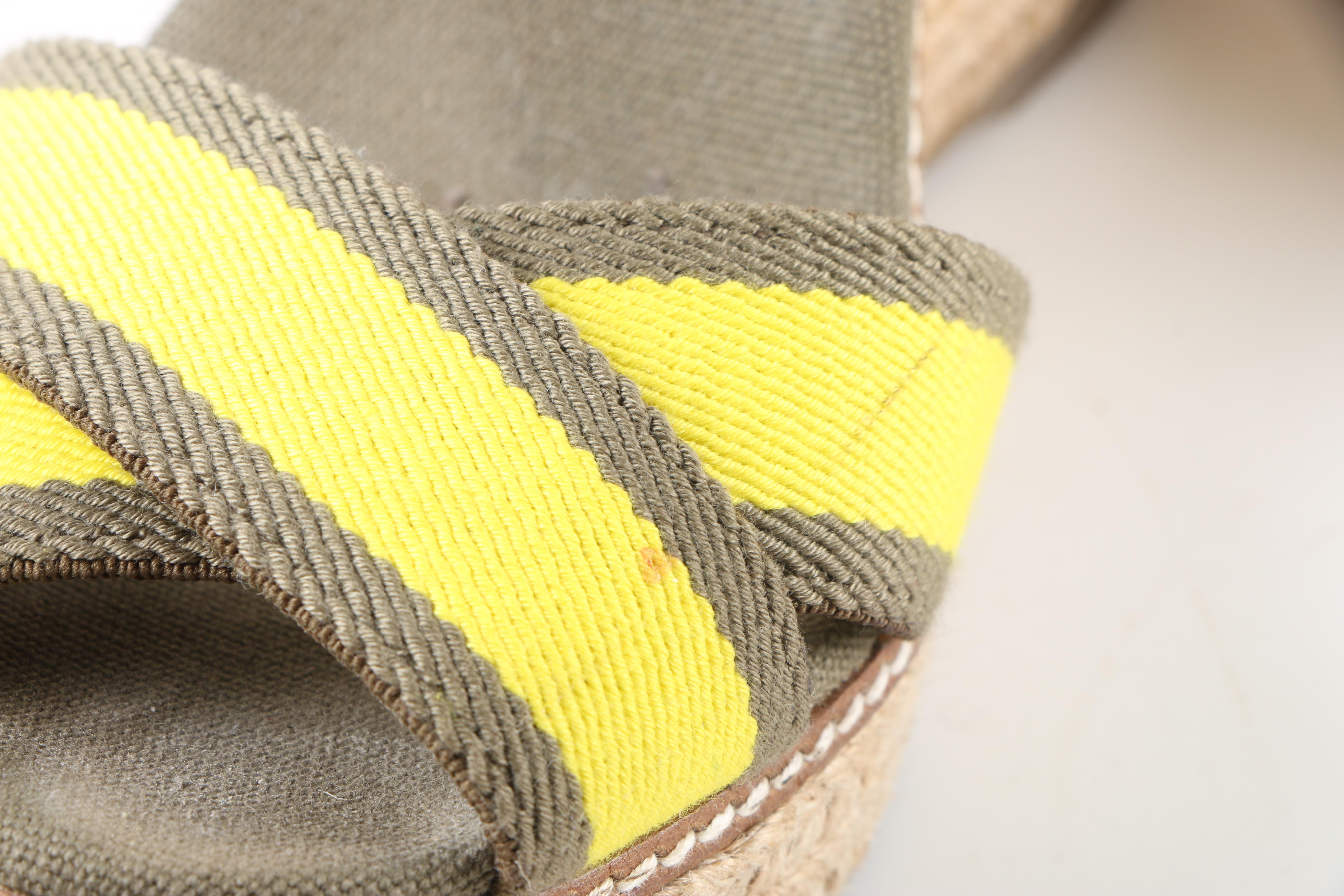 Tory Burch Adonis Khaki and Yellow Canvas Strap Platform Wedge Espadrilles