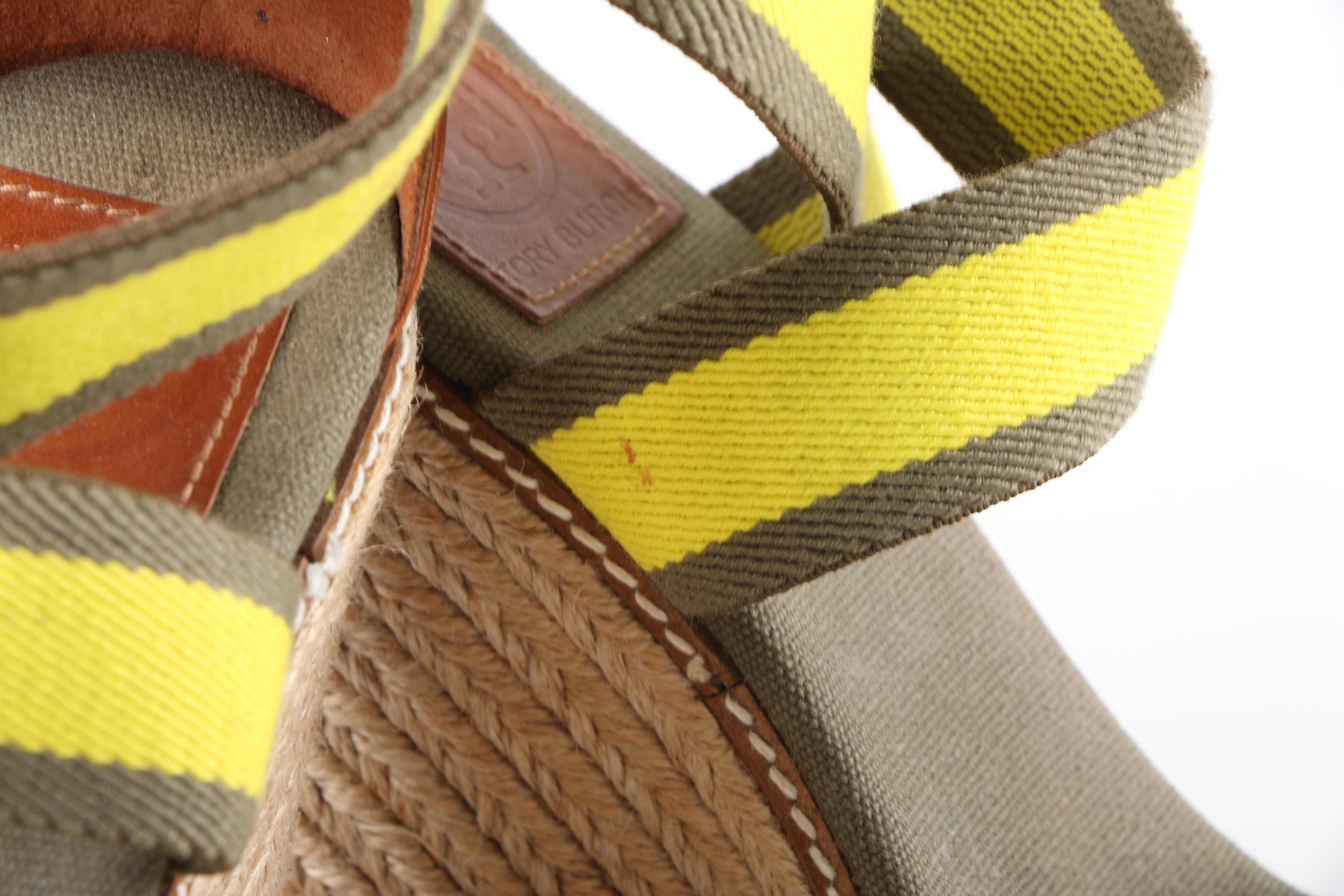 Tory Burch Adonis Khaki and Yellow Canvas Strap Platform Wedge Espadrilles