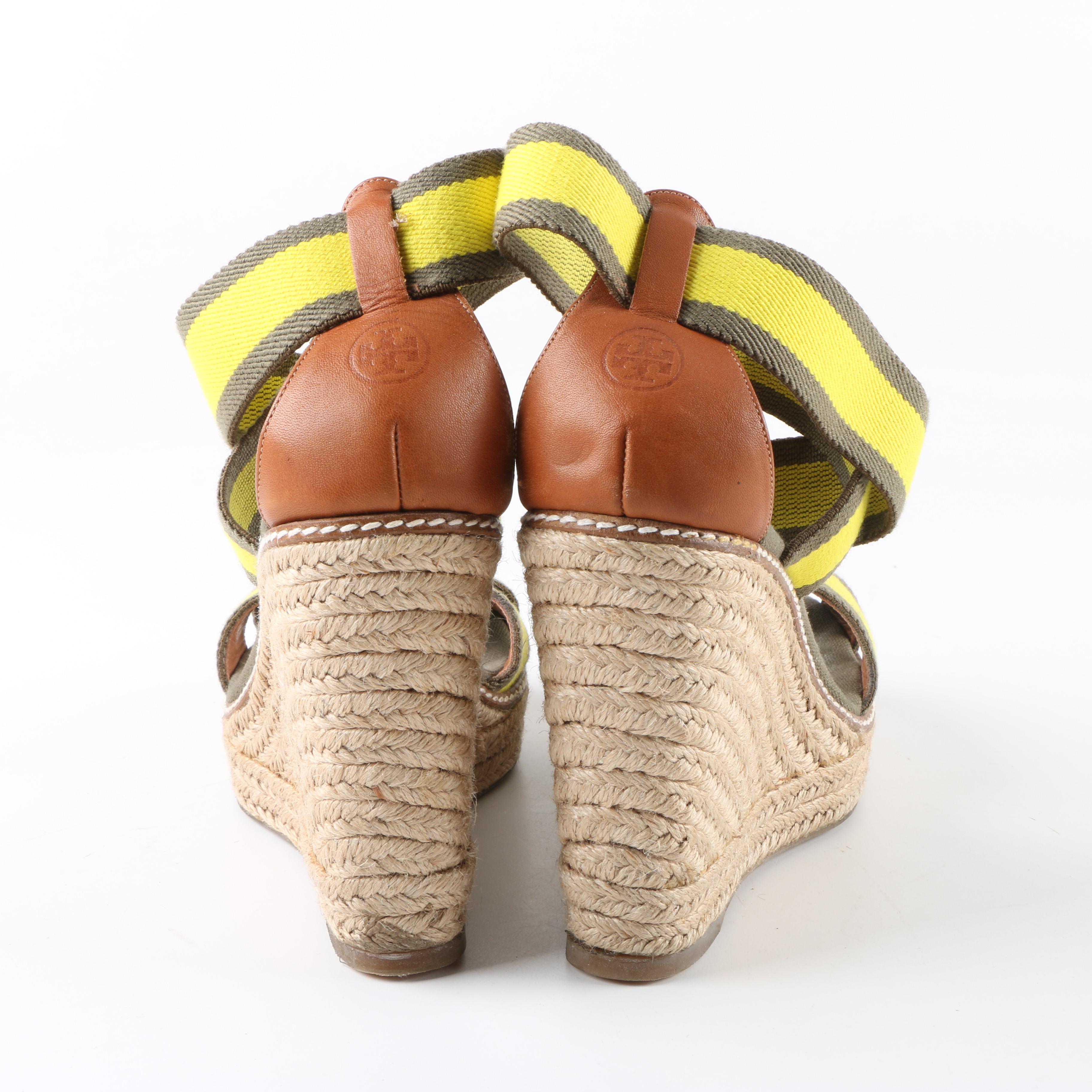 Tory Burch Adonis Khaki and Yellow Canvas Strap Platform Wedge Espadrilles