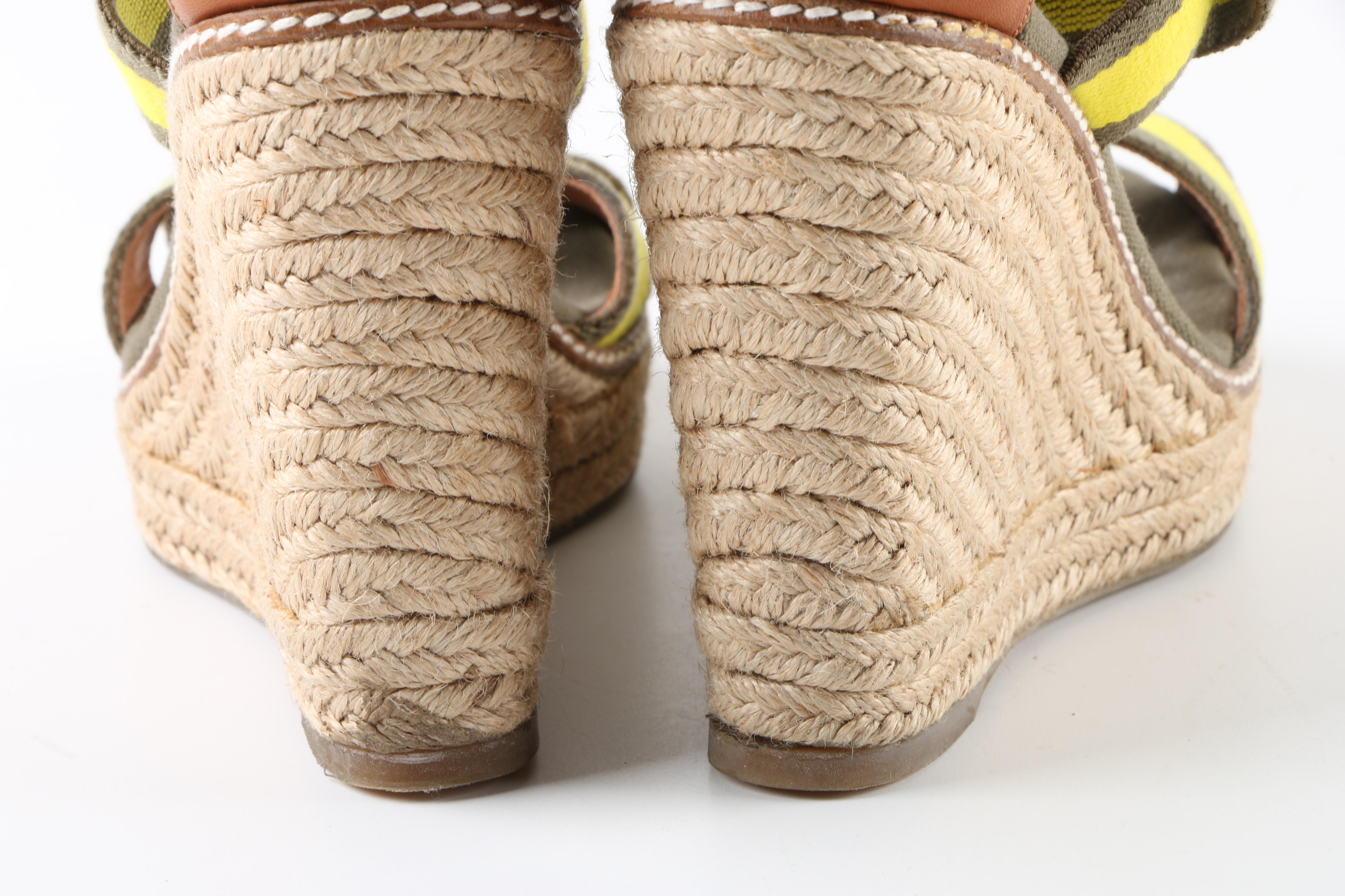 Tory Burch Adonis Khaki and Yellow Canvas Strap Platform Wedge Espadrilles