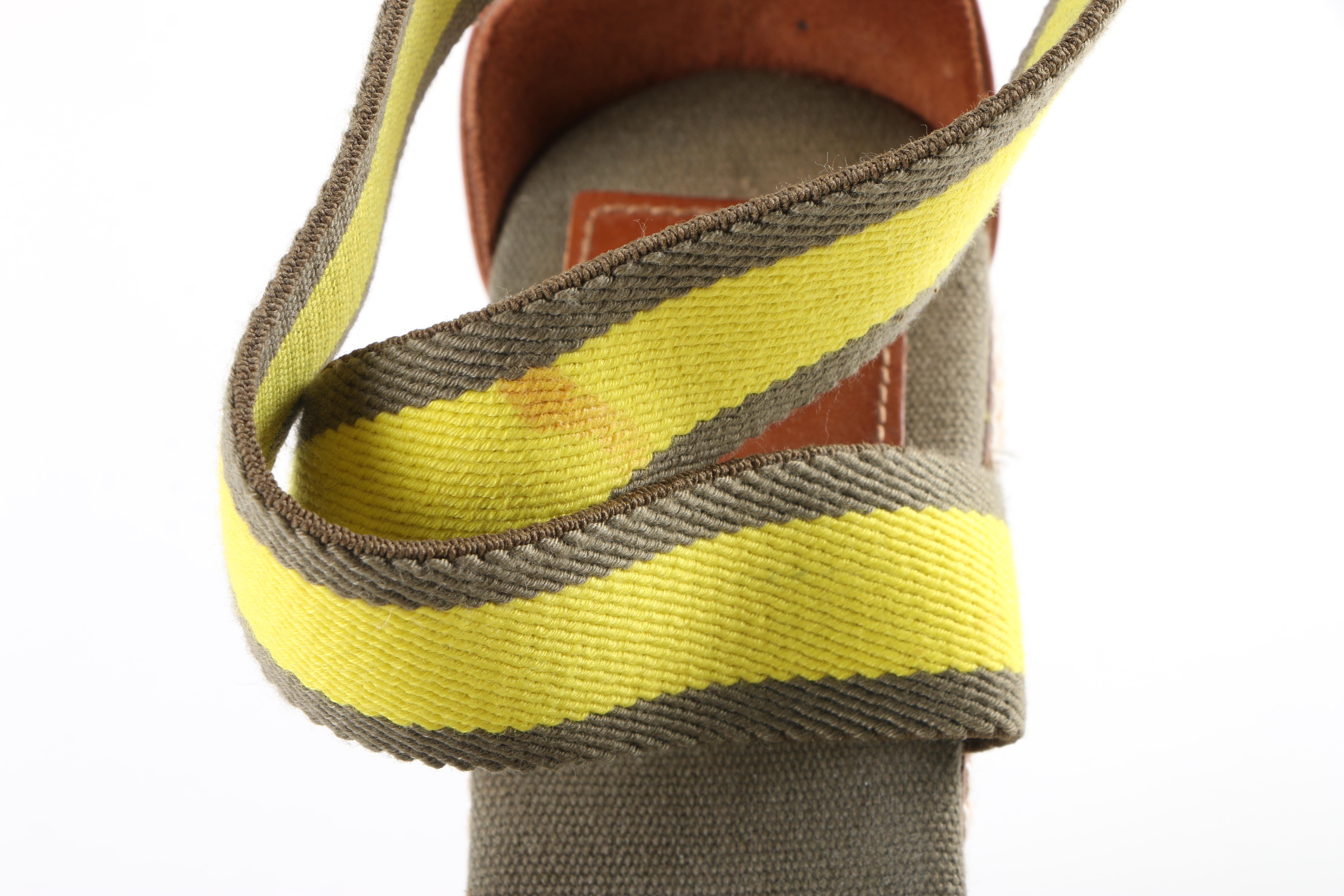 Tory Burch Adonis Khaki and Yellow Canvas Strap Platform Wedge Espadrilles