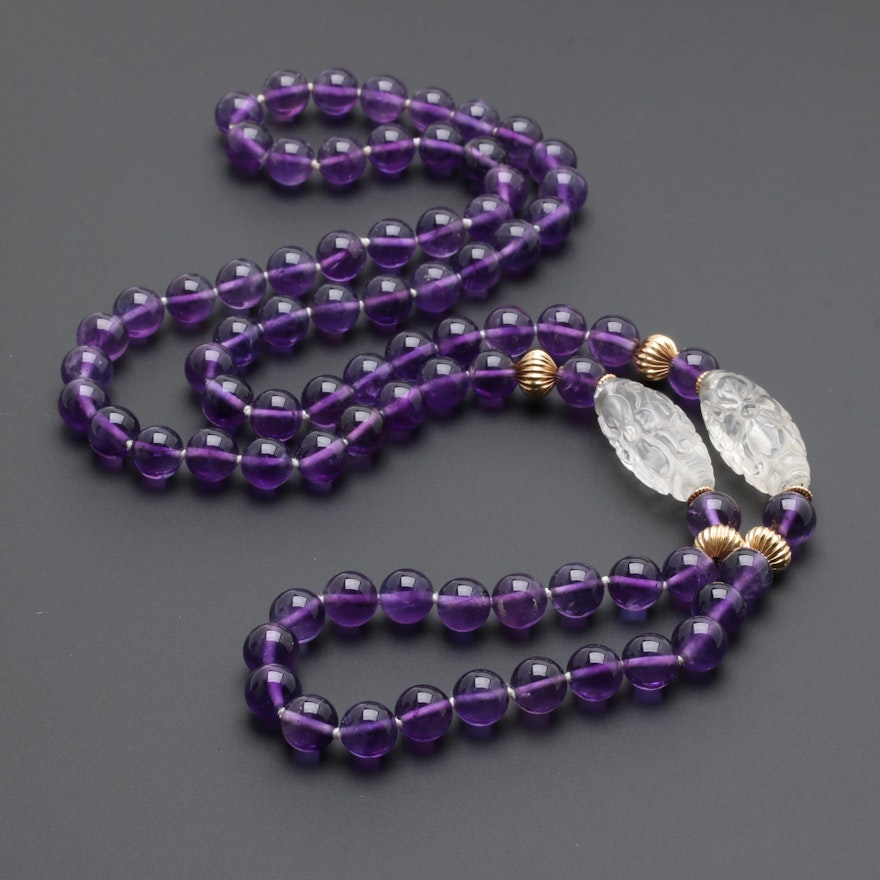 14K Yellow Gold Quartz and Amethyst Necklace
