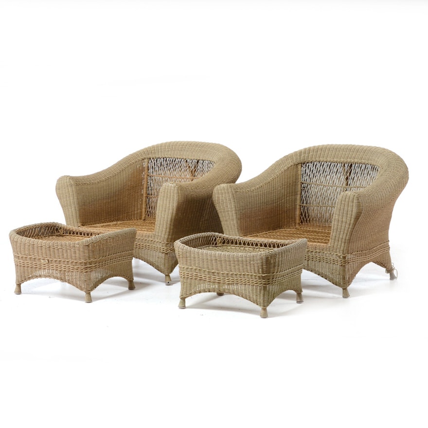 Pair of Wicker Armchairs with Ottomans