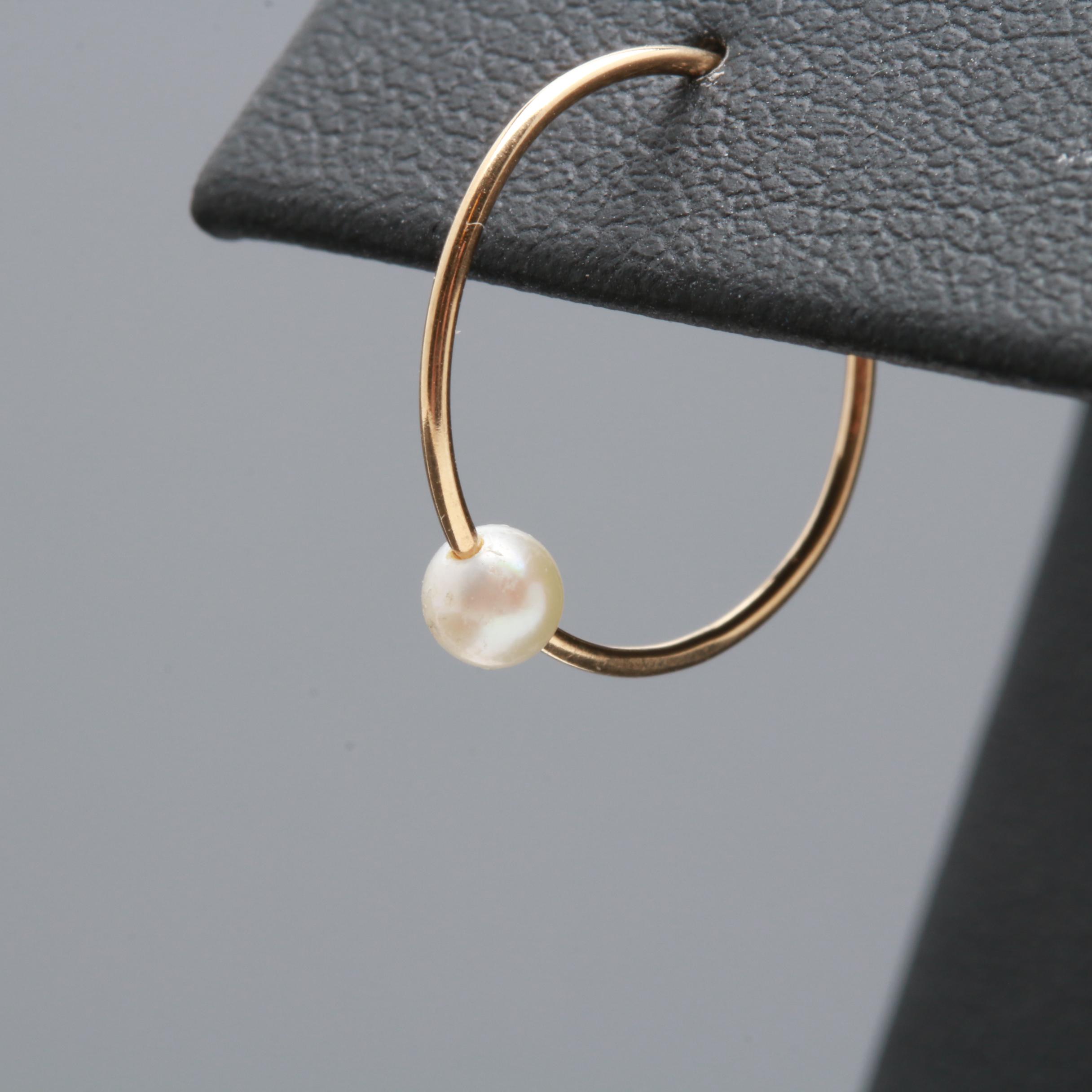 14K Yellow Gold Cultured Pearl Hoop Earring