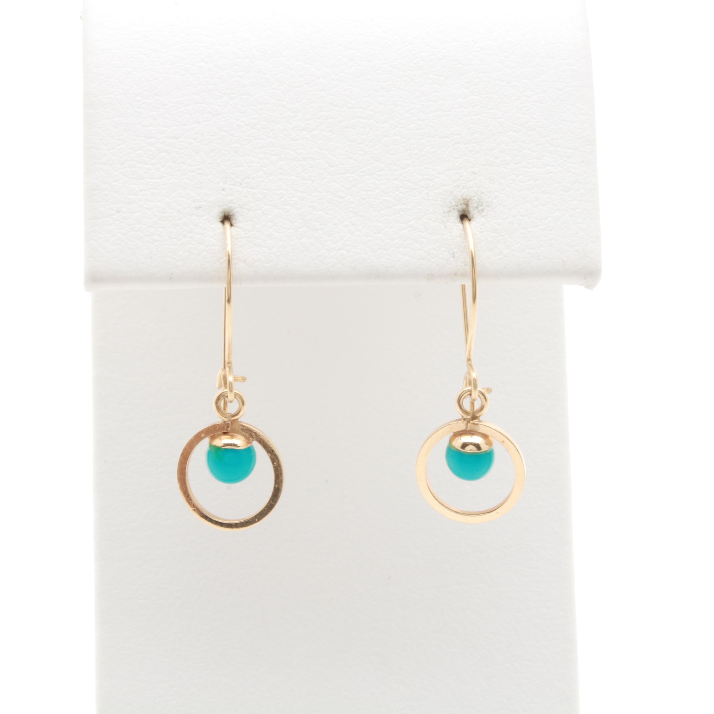14K Yellow Gold Imitation Turquoise Dangle Earrings