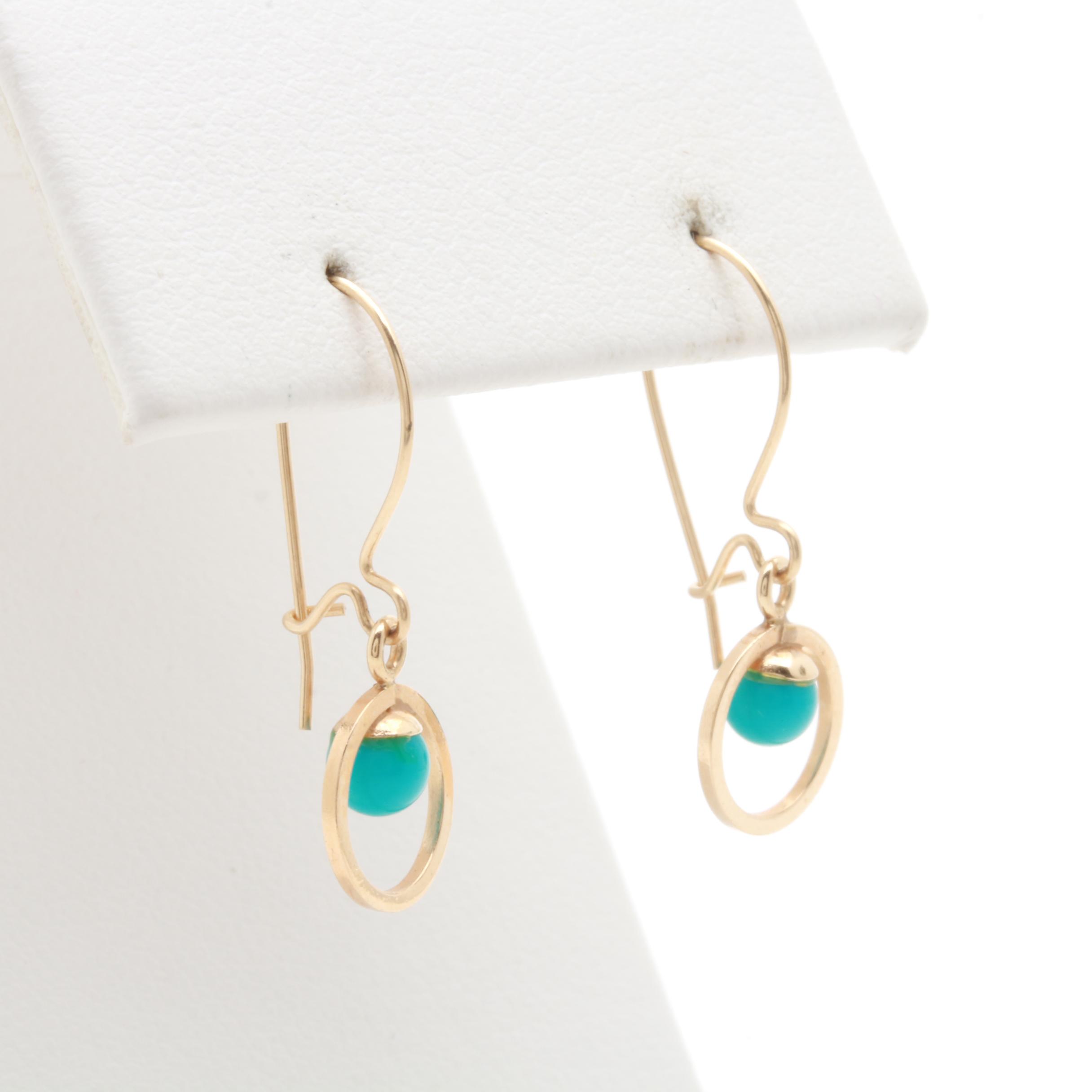 14K Yellow Gold Imitation Turquoise Dangle Earrings