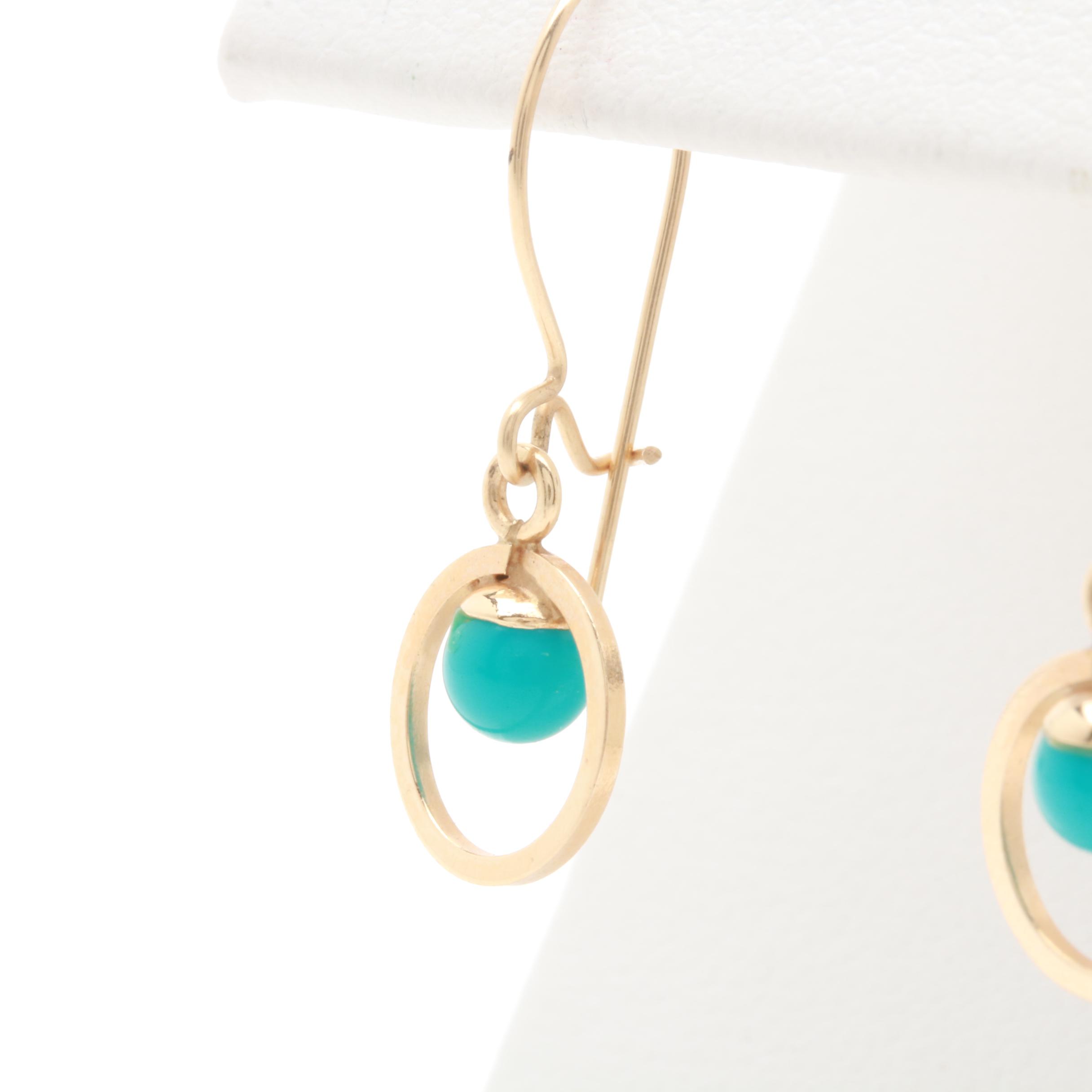 14K Yellow Gold Imitation Turquoise Dangle Earrings