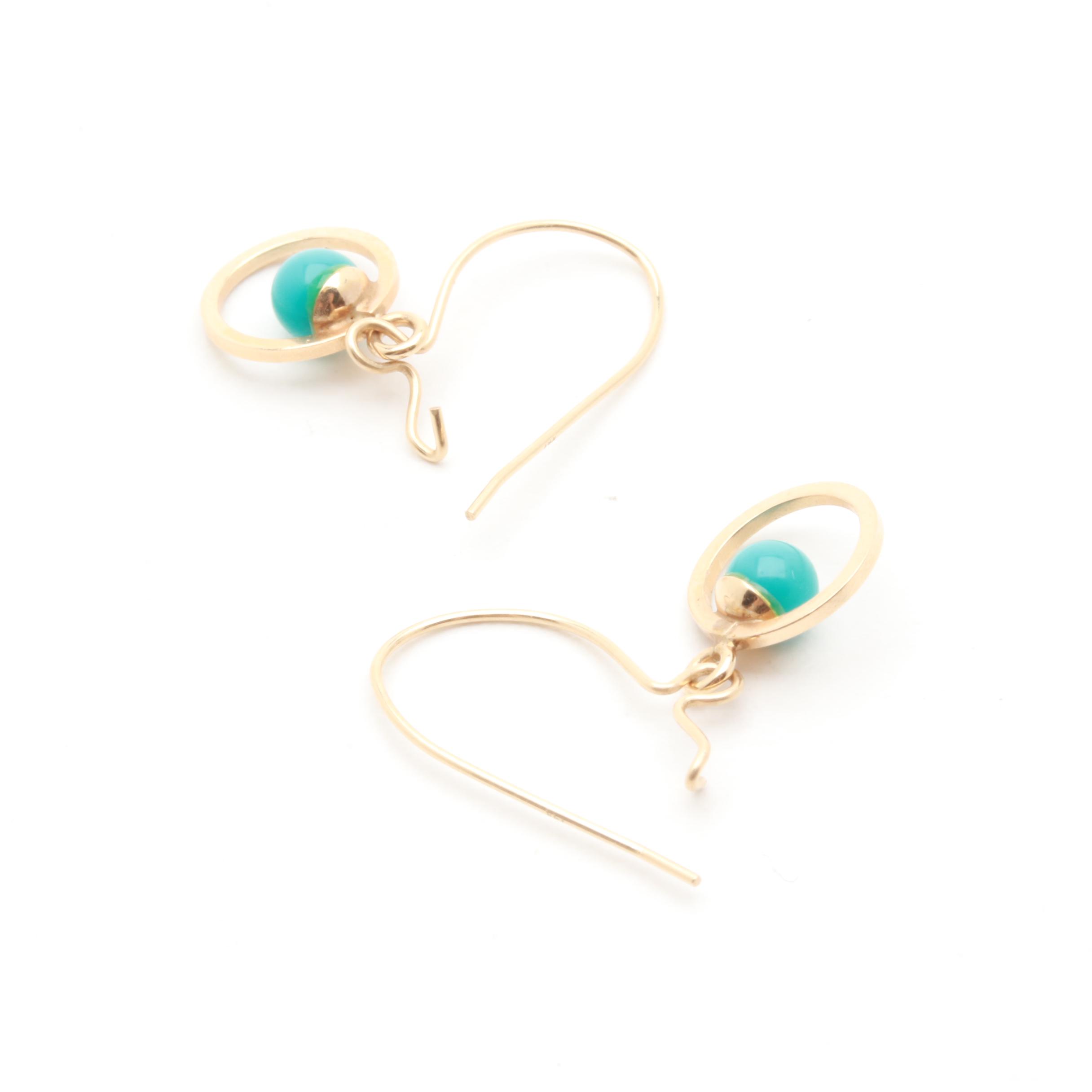 14K Yellow Gold Imitation Turquoise Dangle Earrings