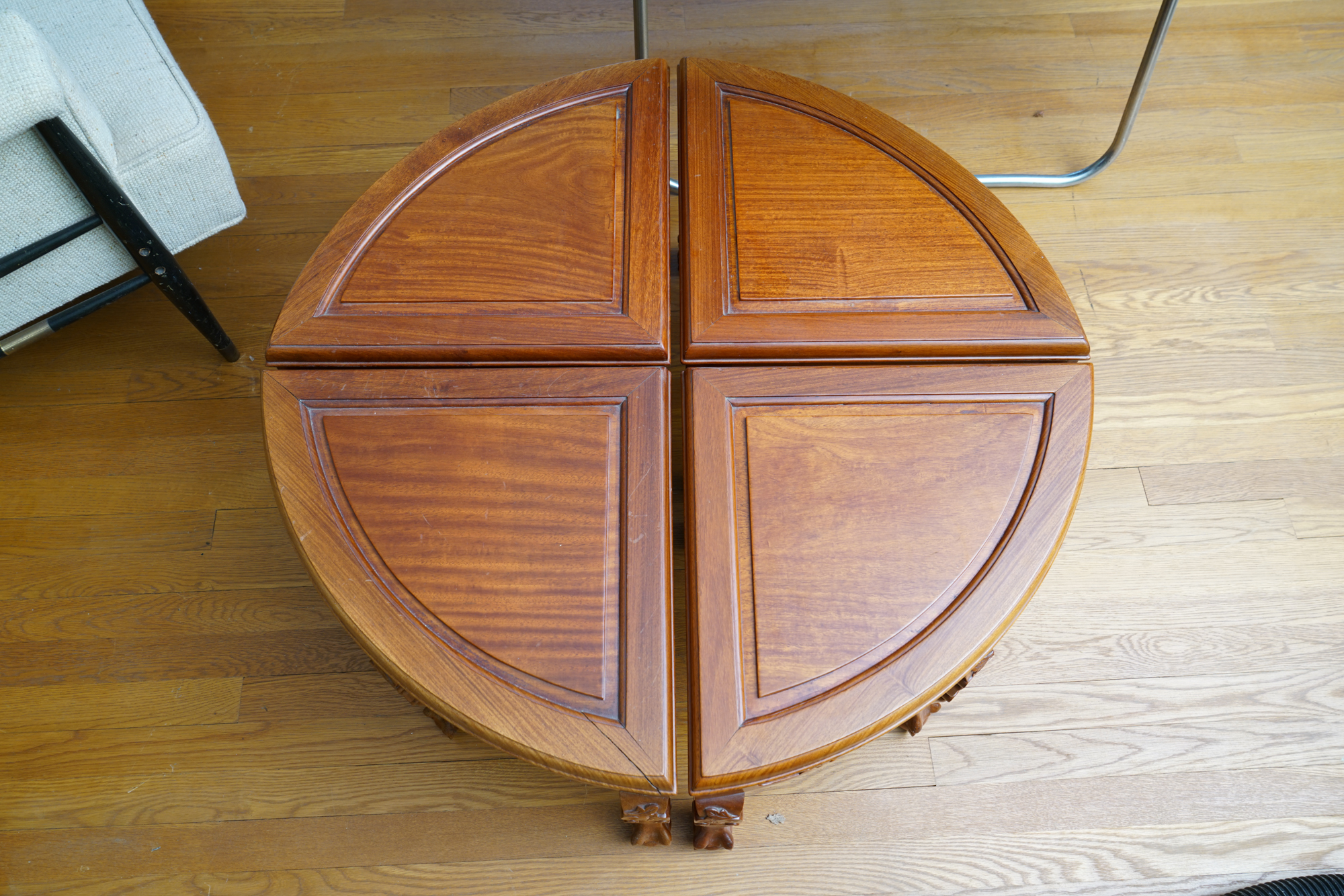 Vintage Chinese Style Carved Wood Coffee Table with Nesting Stools